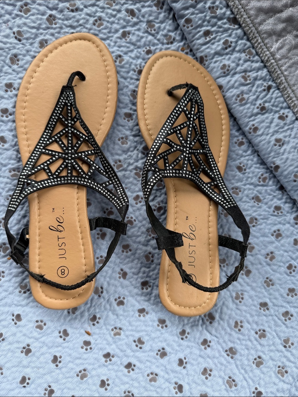 just be Black Rhinestone Cutout T‑Strap Sandals
